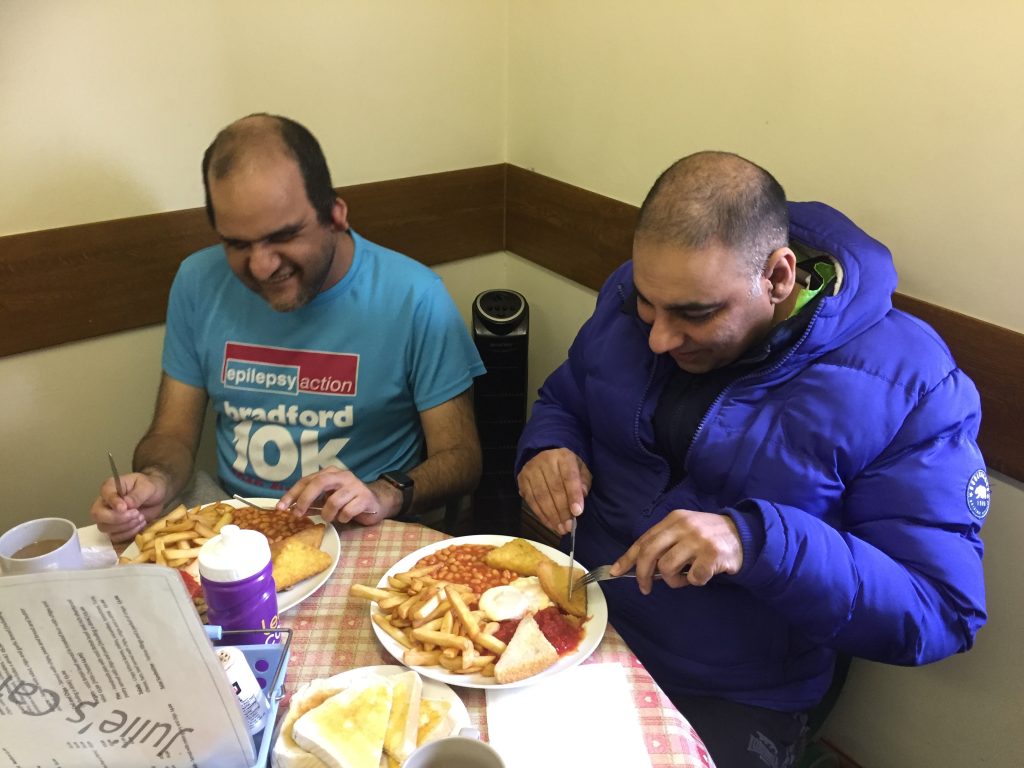 "… and I told my wife I was going tandeming as well!" Saj and Muz tucking into a Julie's Veggie Breakfast Special. (Or was it their second breakfast?)