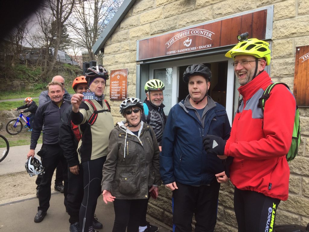 Barney, Dean, Jean Charles K, Drew, Ahmed and Charles W queuing patiently for their brews and flapjack