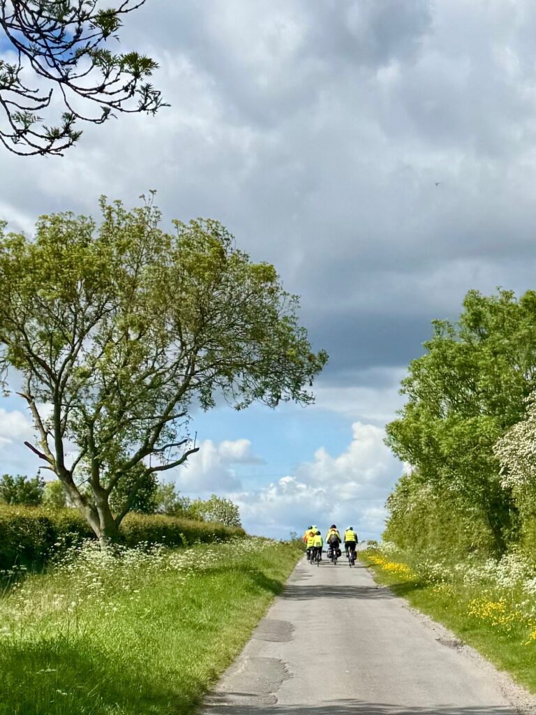 A long straight road with blue sky and verdant green verges, and the silohettes of at least 3 tandems side by side at the brow of a small hill